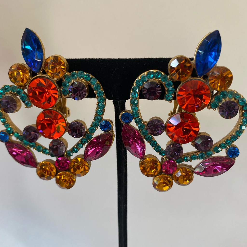 Thelma Deutsch Earrings/ Multi Stone Gorgeous Vintage Large Clip Earrings